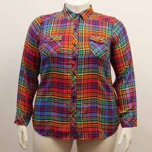 Torrid PlusSize 2X Long Sleeve Rainbow Plaid Button-Up Shirt NWOT